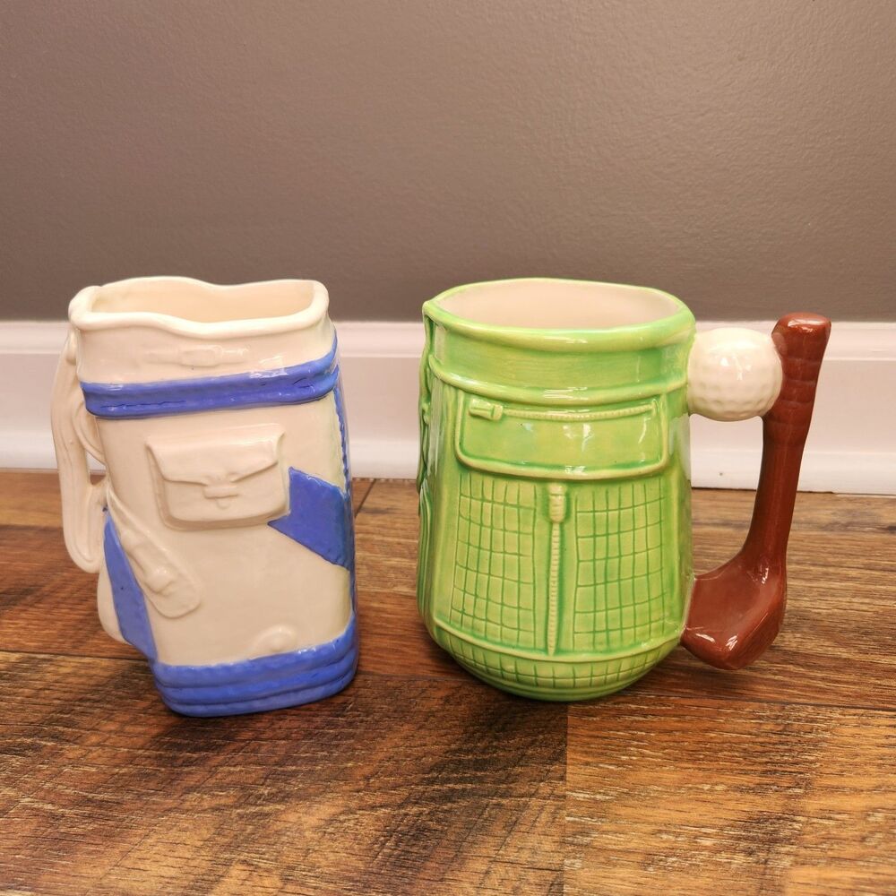 Vtg Set Of 2 Ceramic Golf Bag Mugs/ Desktop Pencil Holder Golfer Gift Signed MCM